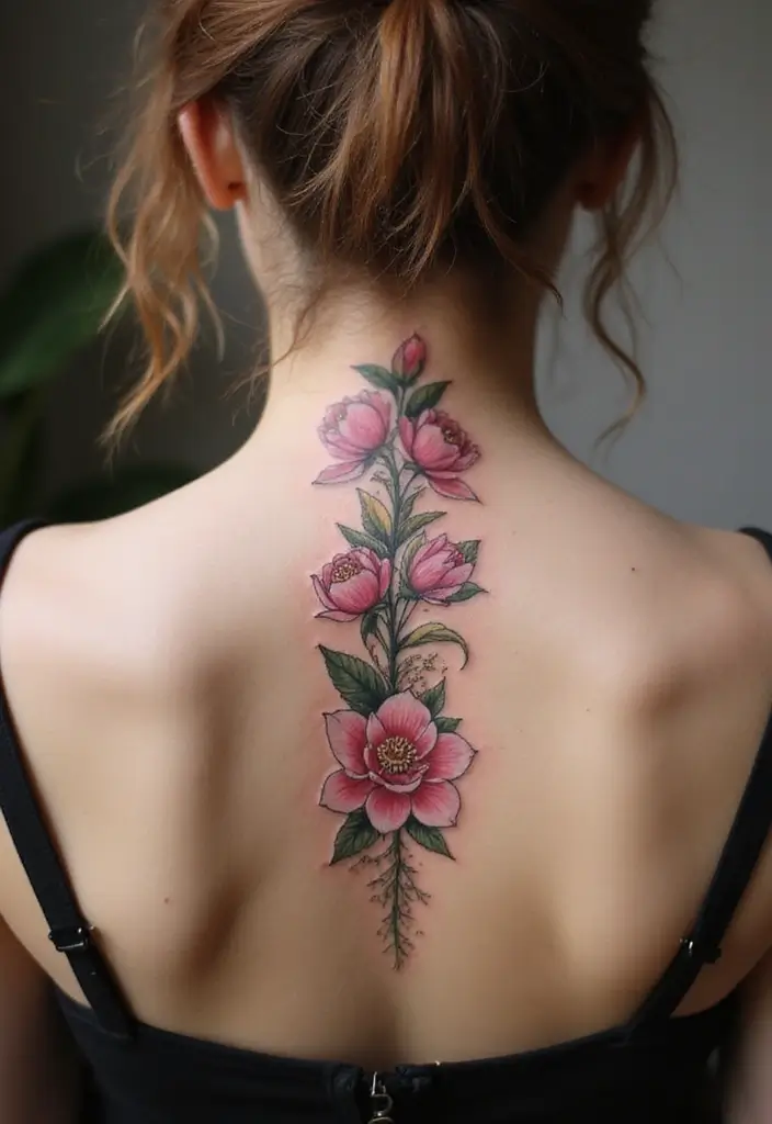 25 Feminine Spine Tattoos for Women That Radiate Beauty - 1. Delicate Floral Arrangements