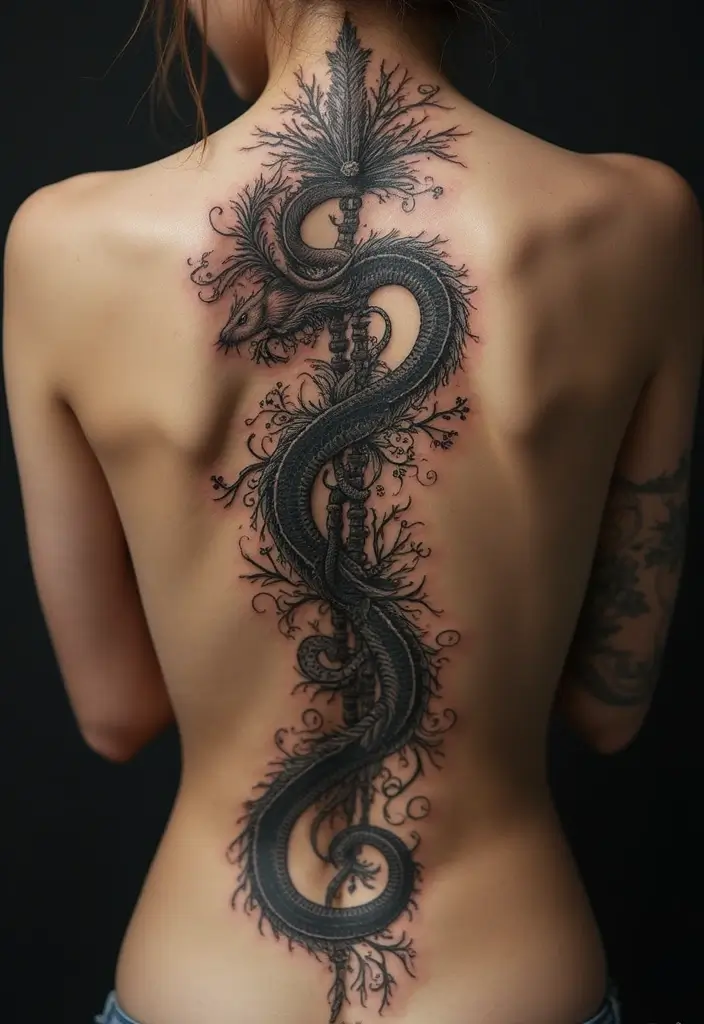 25 Feminine Spine Tattoos for Women That Radiate Beauty - 10. Mythical Creatures