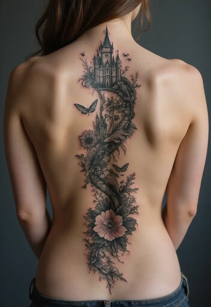 25 Feminine Spine Tattoos for Women That Radiate Beauty - 14. Whimsical Fairy Tales