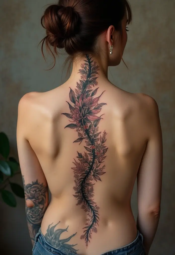 25 Feminine Spine Tattoos for Women That Radiate Beauty - 24. Combining Multiple Styles