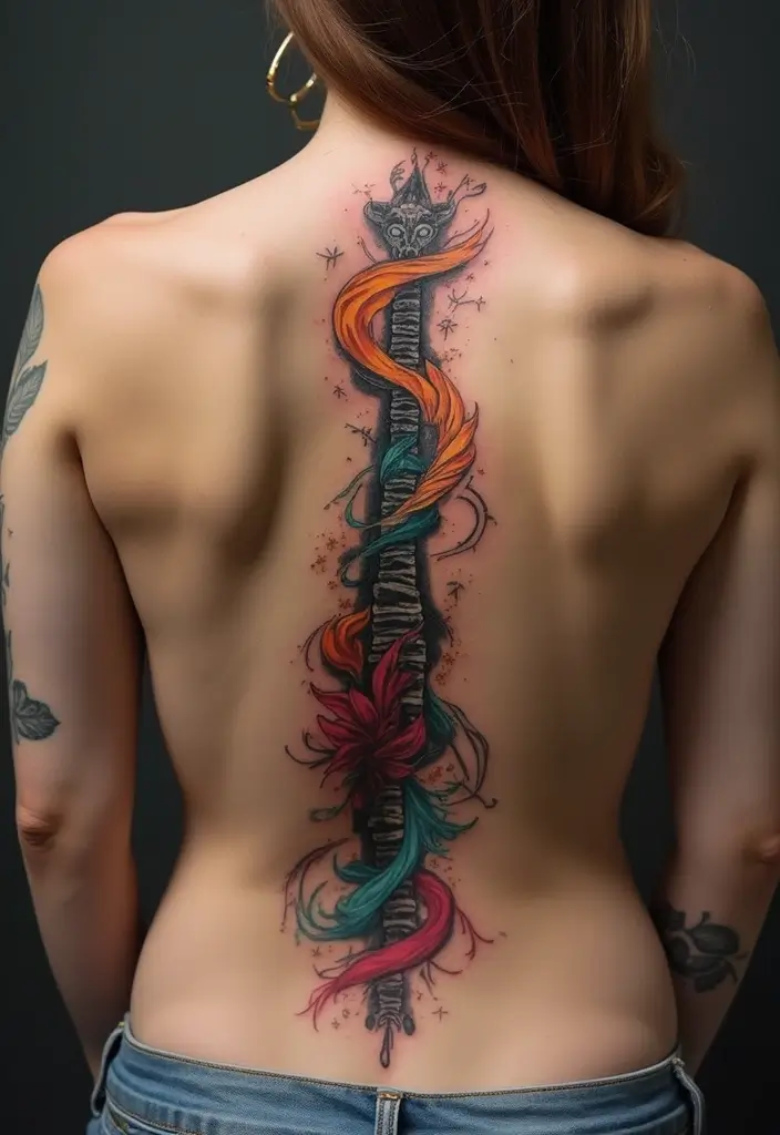 25 Feminine Spine Tattoos for Women That Radiate Beauty - 9. Abstract Art Designs