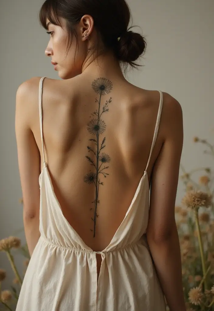 25 Fine Line Spine Tattoo Ideas That Are Minimal Yet Stunning - 12. Dandelion Wishes