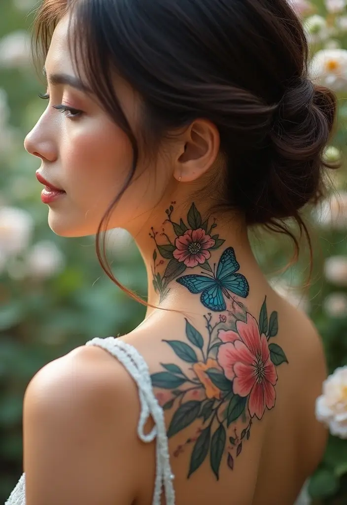 25 Pretty Neck Tattoos Women That Reflect Grace - 15. Butterfly Blossoms