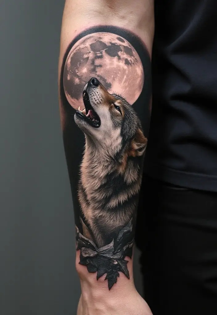 25 Quarter Sleeve Tattoos for Men Who Prefer Subtle Art - 11. Wolf Howling at the Moon