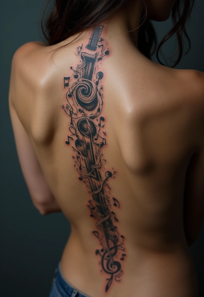 25 Spine Tattoos for Black Women That Radiate Power - 18. Music and Rhythm Inspired