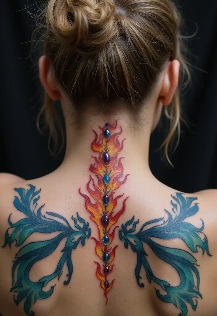 25 Spine Tattoos for Black Women That Radiate Power - 19. Elements of Nature: Fire and Water