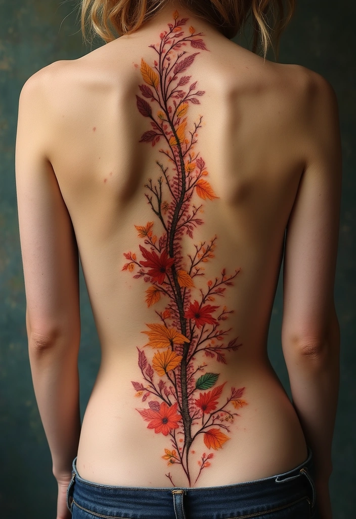 25 Spine Tattoos for Black Women That Radiate Power - 24. Seasonal Inspirations: Spring and Fall Themes