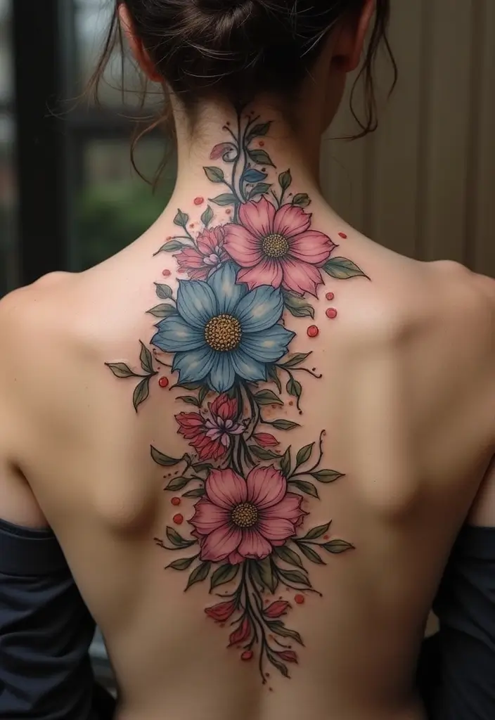25 Spine Tattoos for Black Women That Radiate Power - 3. Blossoming Flowers and Vines