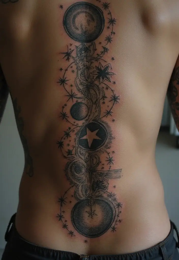 25 Spine Tattoos for Black Women That Radiate Power - 5. Celestial Bodies: Stars and Moons