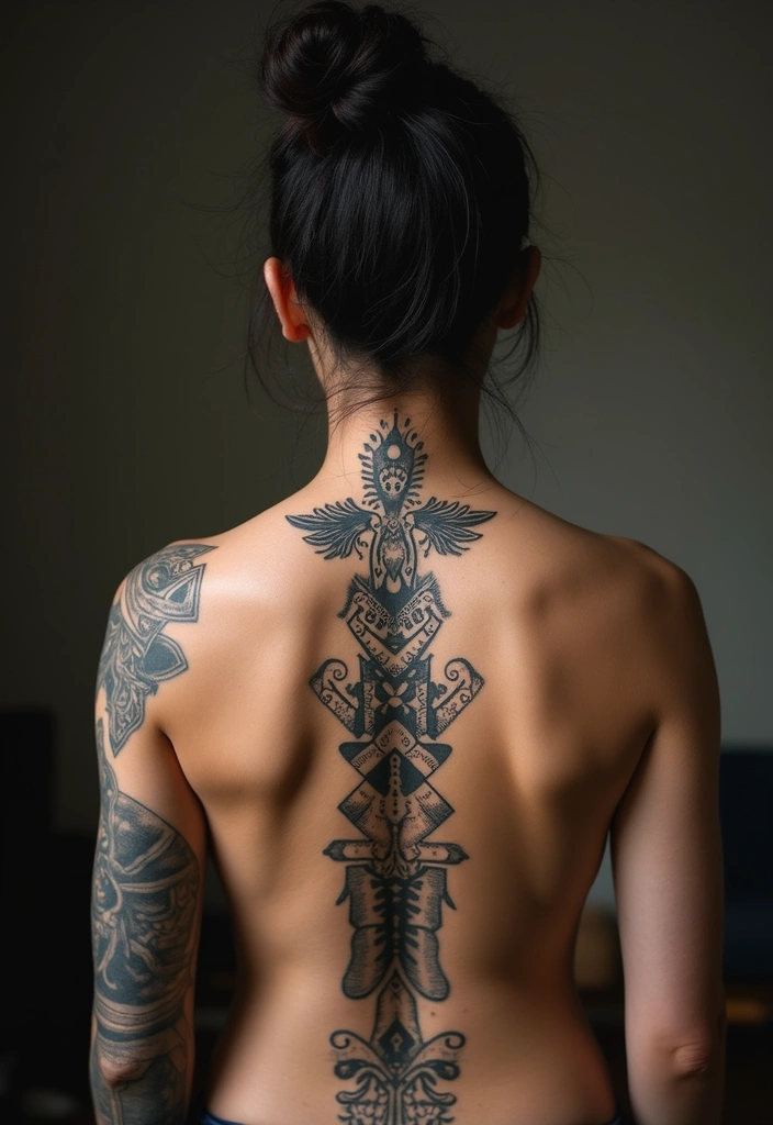 25 Spine Tattoos for Women Unique and Eye-Catching - 15. Cultural Symbols