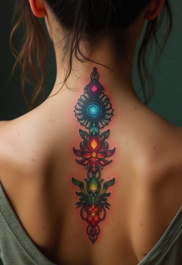 25 Spine Tattoos for Women Unique and Eye-Catching - 19. Chakra Symbols