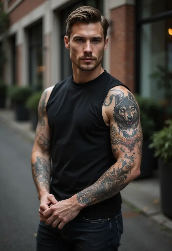 25 Wolf Sleeve Tattoos for Men That Symbolize Loyalty and Power - 13. Mythical Wolf with Other Creatures