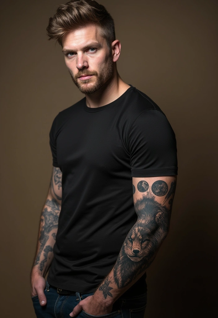 25 Wolf Sleeve Tattoos for Men That Symbolize Loyalty and Power - 5. Moon Phases with a Wolf