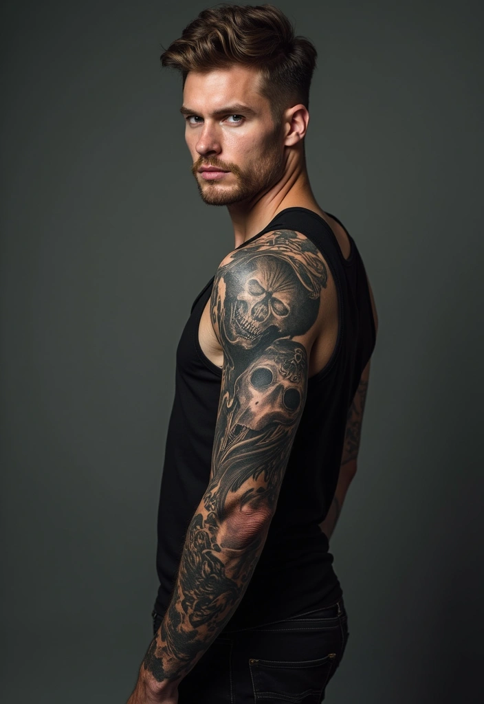 25 Wolf Sleeve Tattoos for Men That Symbolize Loyalty and Power - 7. Wolf and Skull Combination