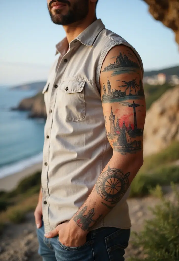 26 Artistic Sleeve Tattoos for Men That Feel Like Masterpieces - 17. Travel-Inspired Tattoos