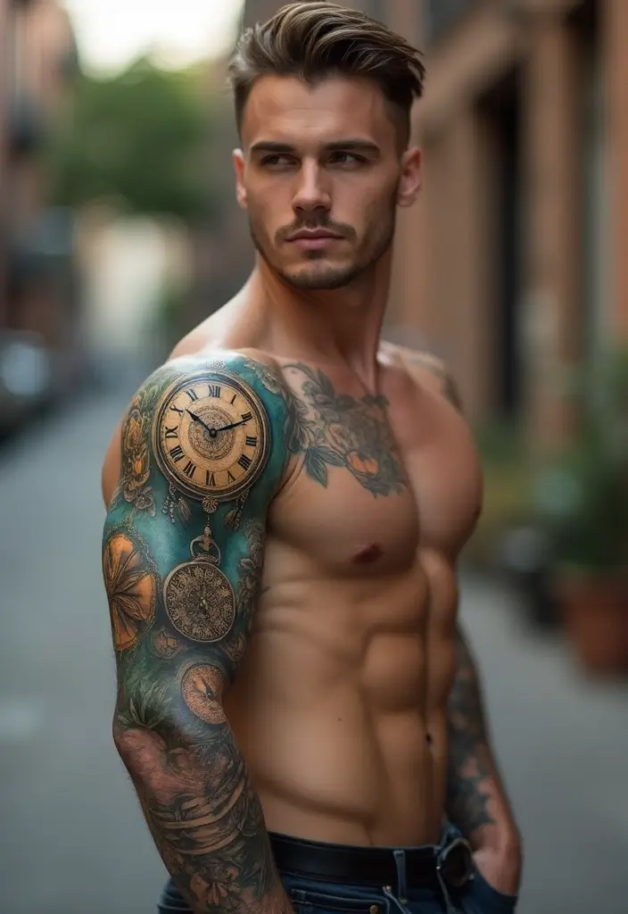 26 Artistic Sleeve Tattoos for Men That Feel Like Masterpieces - 23. Timeless Clock Designs