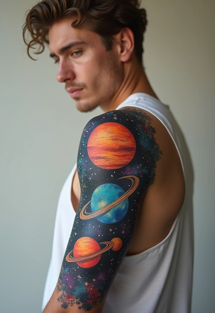 26 Artistic Sleeve Tattoos for Men That Feel Like Masterpieces - 5. Cosmic Designs