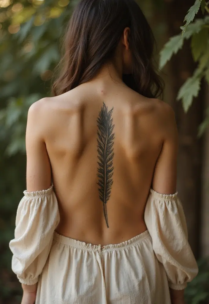 26 Cool Spine Tattoos for Women with a Unique Edge - 12. Feather Tattoos