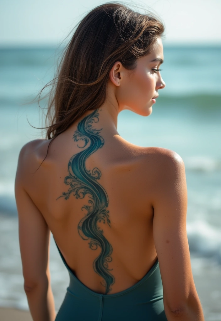 26 Cool Spine Tattoos for Women with a Unique Edge - 21. Waves and Ocean Themes