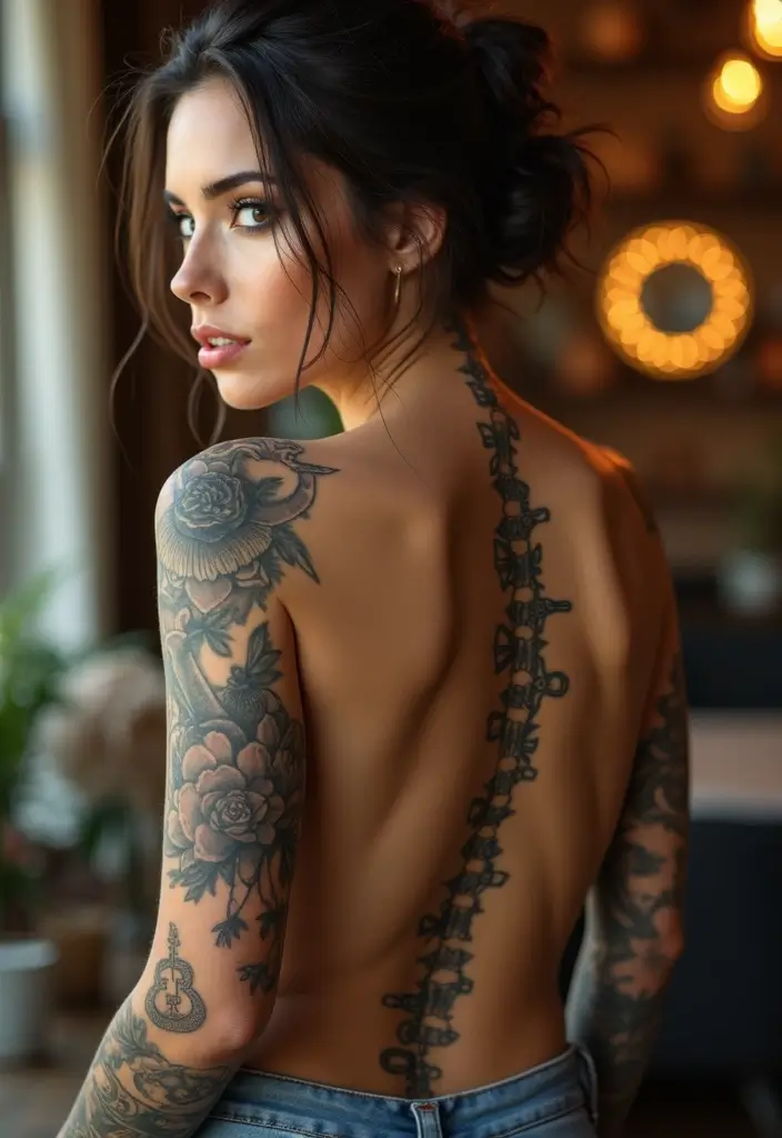 26 Cool Spine Tattoos for Women with a Unique Edge - 25. Key and Lock Tattoos