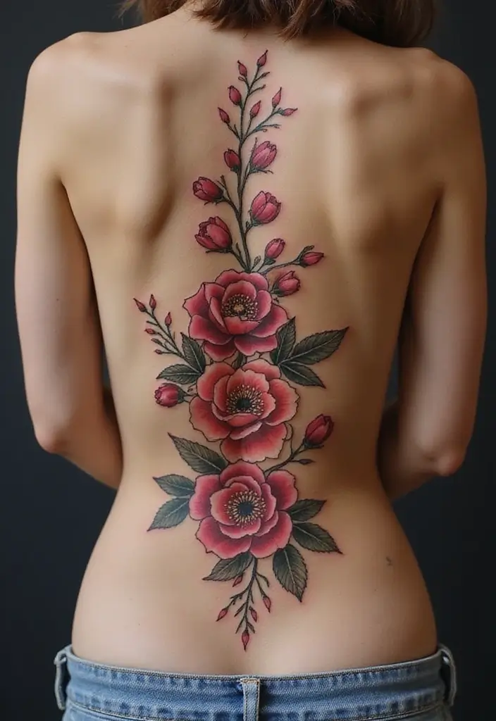26 Meaningful Spine Tattoos for Women That Tell a Story - 1. Floral Elegance