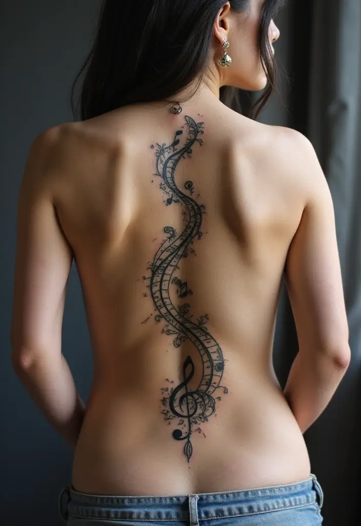 26 Meaningful Spine Tattoos for Women That Tell a Story - 13. Music Notes