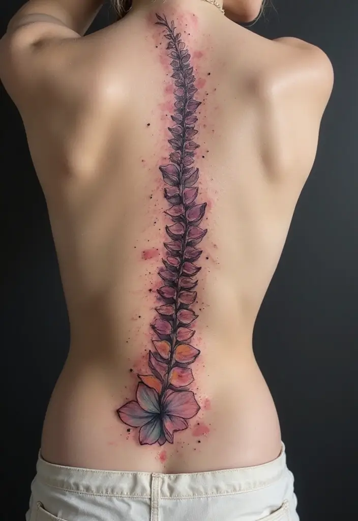 26 Meaningful Spine Tattoos for Women That Tell a Story - 9. Watercolor Wonders