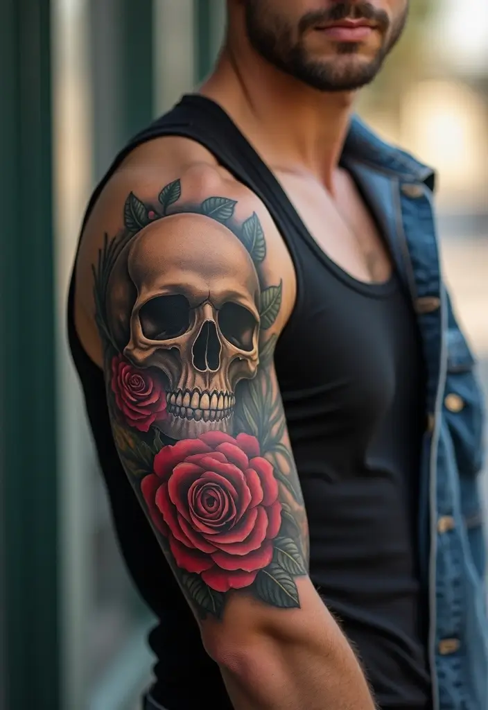 26 Skull Sleeve Tattoos for Men That Look Fearless - 1. Classic Skull with Roses