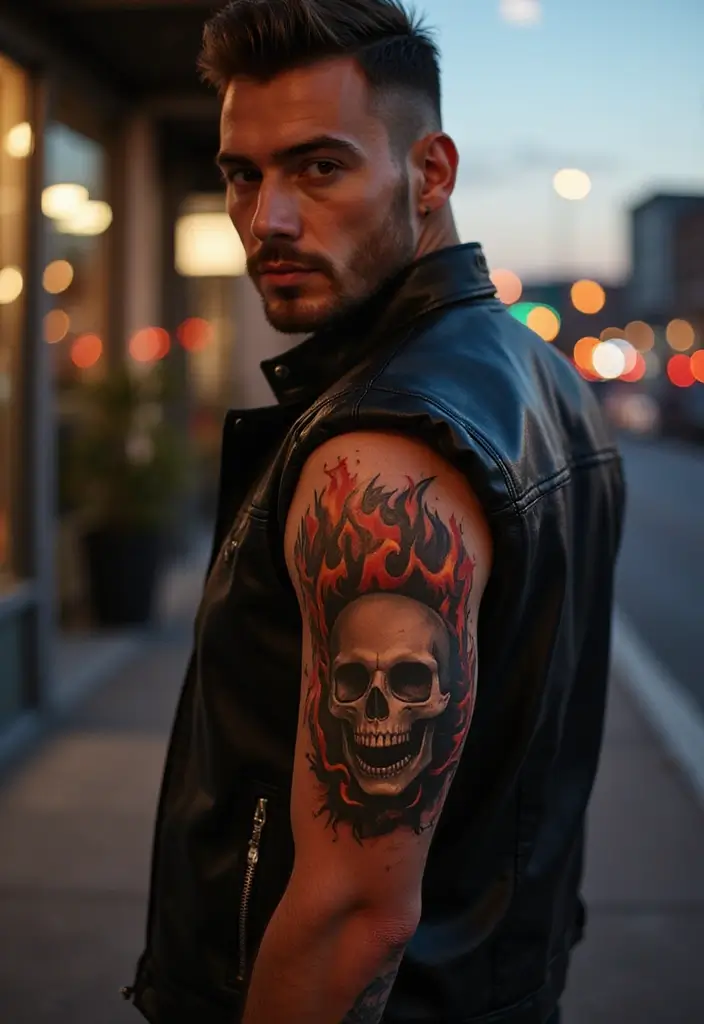 26 Skull Sleeve Tattoos for Men That Look Fearless - 6. Skull with Flames