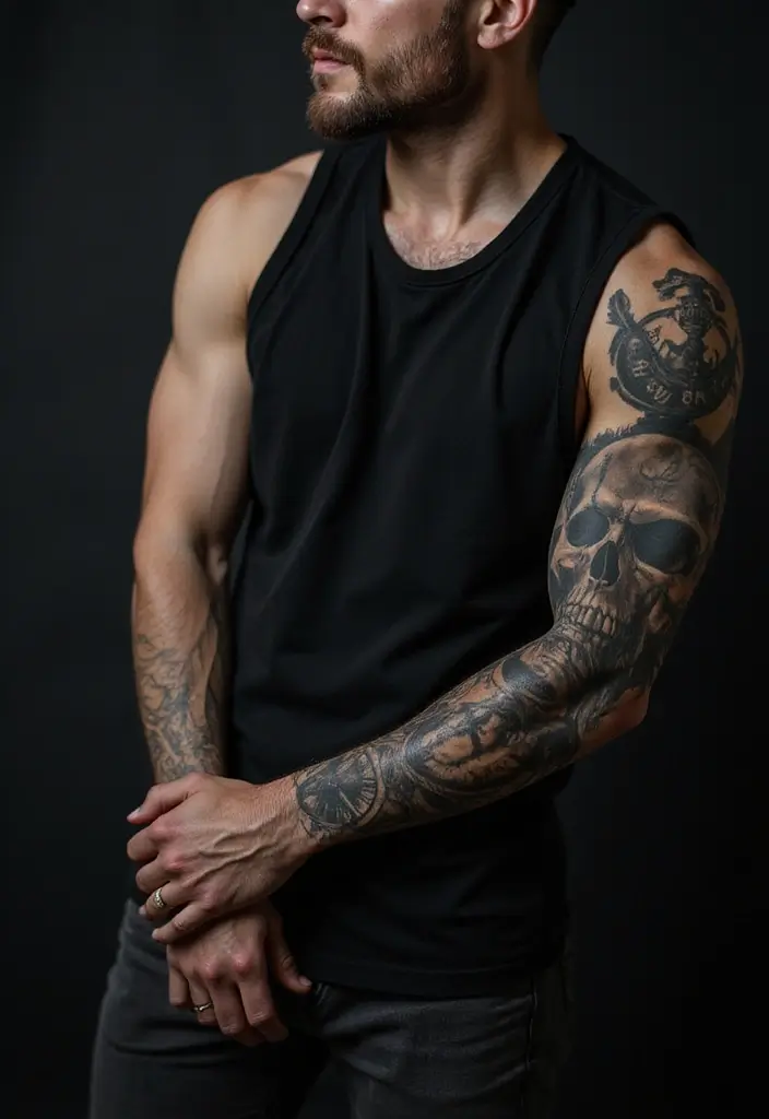 26 Skull Sleeve Tattoos for Men That Look Fearless - 7. Skull with Clock