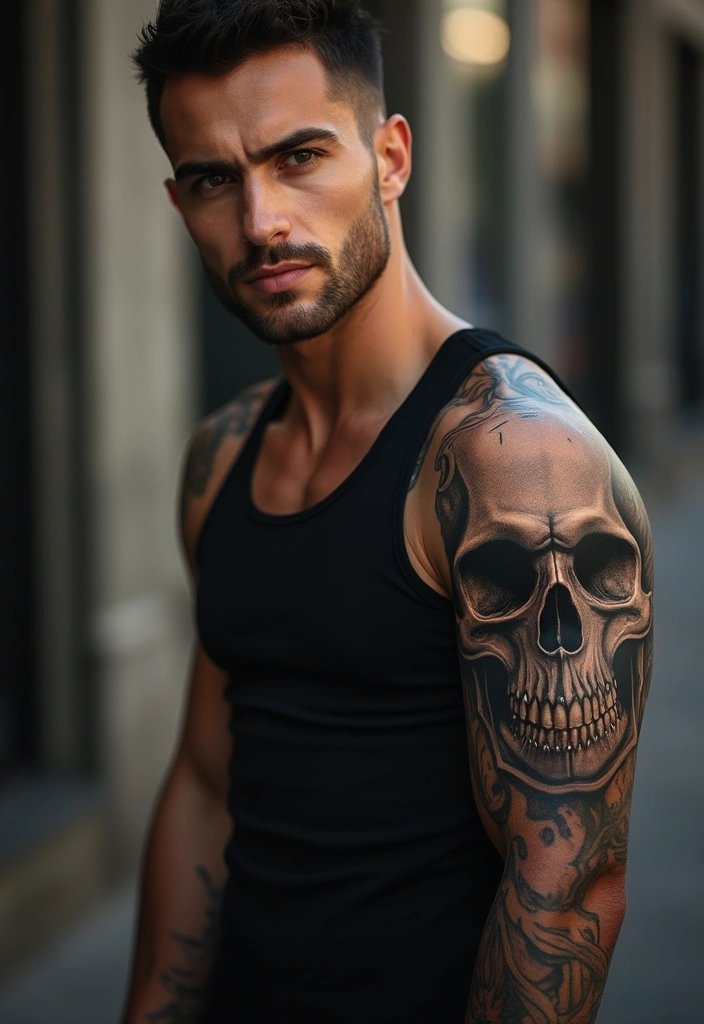 26 Skull Sleeve Tattoos for Men That Look Fearless - 8. Tribal Skull Tattoo
