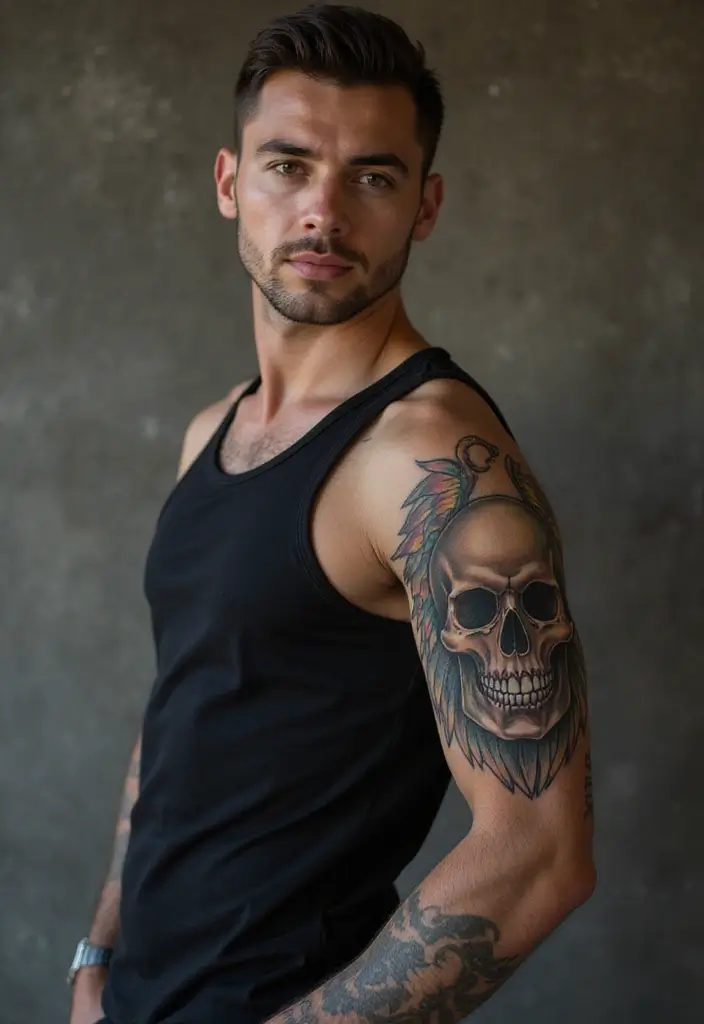 26 Skull Sleeve Tattoos for Men That Look Fearless - 9. Skull with Wings