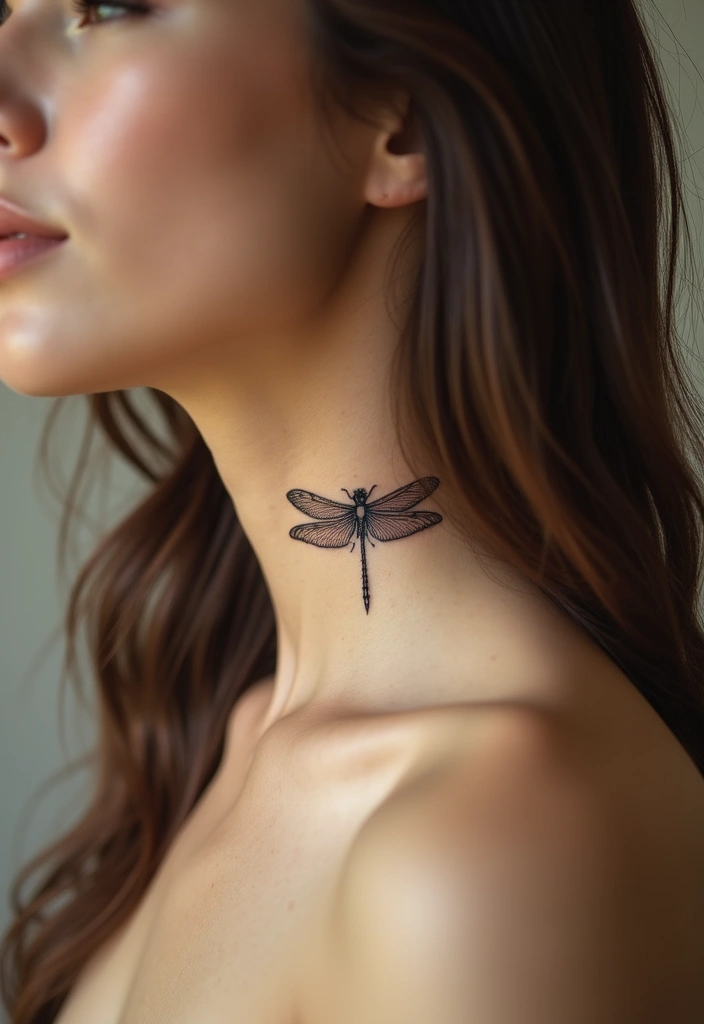 26 Small Neck Tattoos for Women Perfect for a Minimal Look - 22. Minimalist Dragonfly