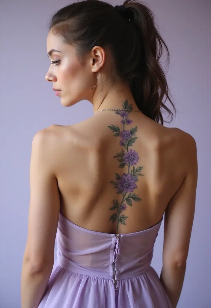 26 Spine Tattoos for Women Flowers That Bloom Beautifully - 8. Serene Lavender Sprigs