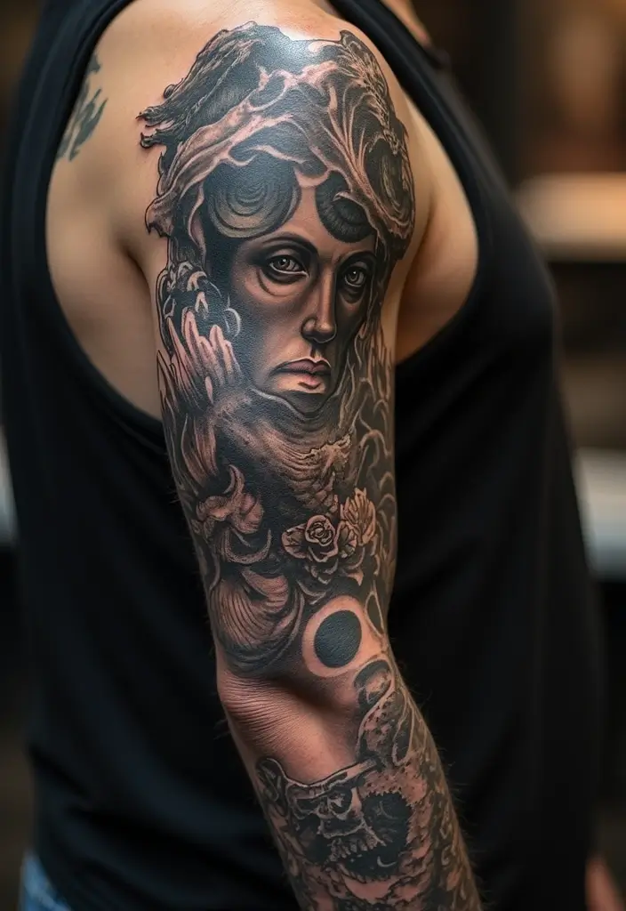 27 Black Sleeve Tattoos for Men That Look Timeless - 12. Combining Styles for Unique Effects