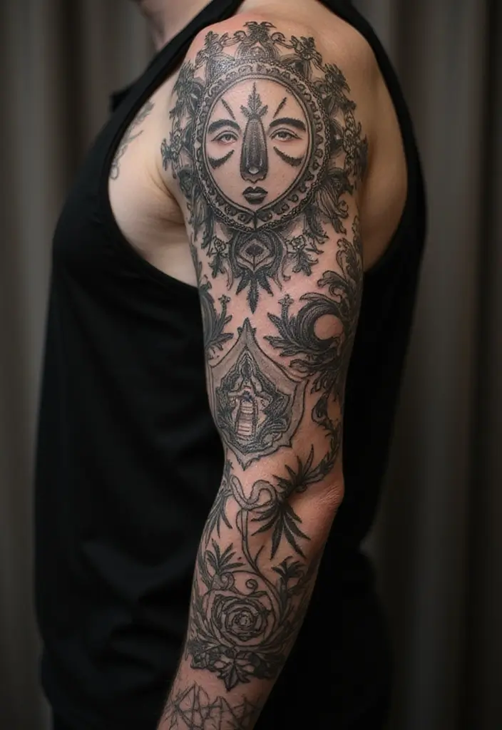 27 Black Sleeve Tattoos for Men That Look Timeless - 17. Spiritual Symbols and Their Meanings