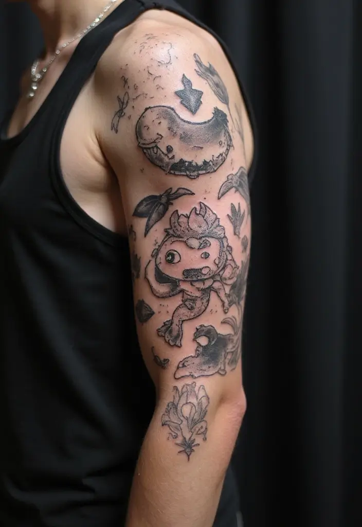 27 Black Sleeve Tattoos for Men That Look Timeless - 20. Whimsical Illustrations