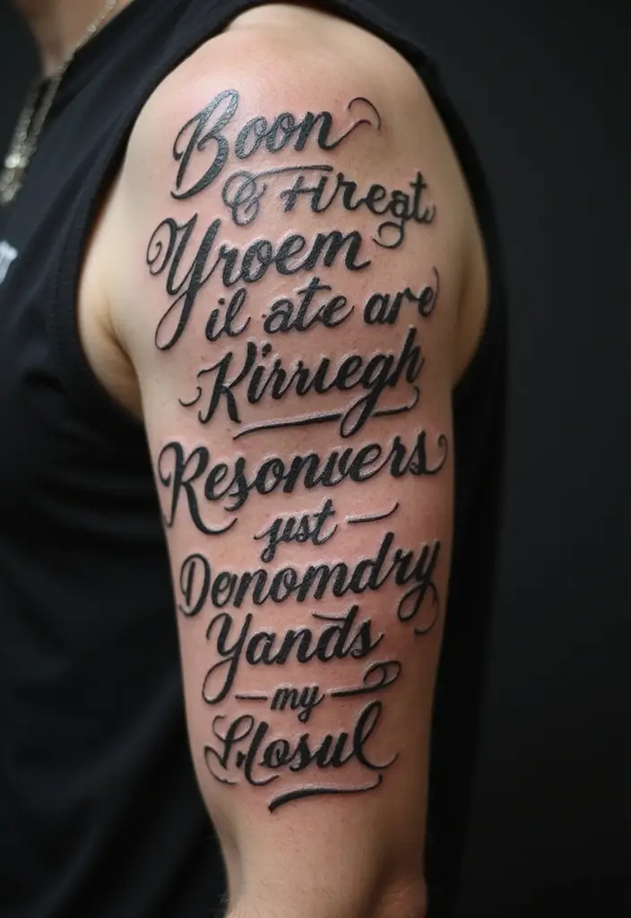 27 Black Sleeve Tattoos for Men That Look Timeless - 23. Personalized Quotes and Scripts