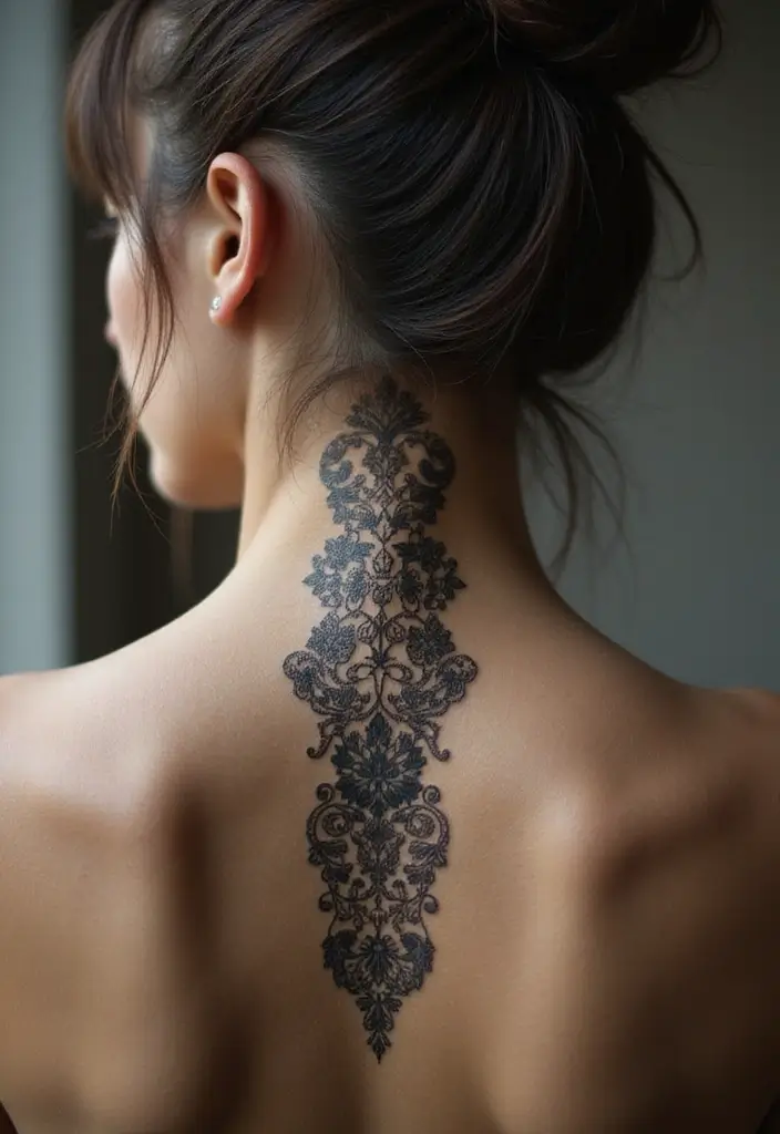 27 Elegant Spine Tattoos for Women Full of Grace - 22. Intricate Lace