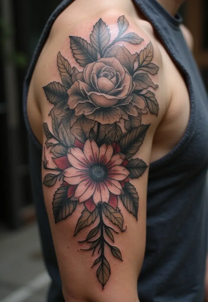 27 Floral Sleeve Tattoos for Men That Blend Strength and Beauty - 11. Geometric Floral Fusion