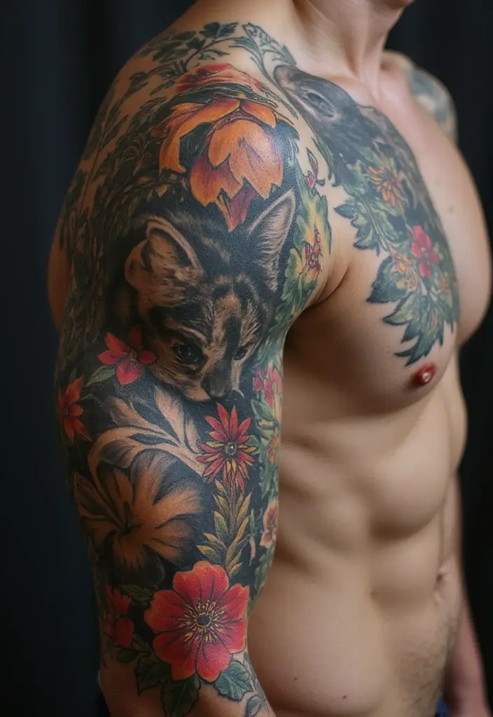 27 Floral Sleeve Tattoos for Men That Blend Strength and Beauty - 12. Nature and Wildlife