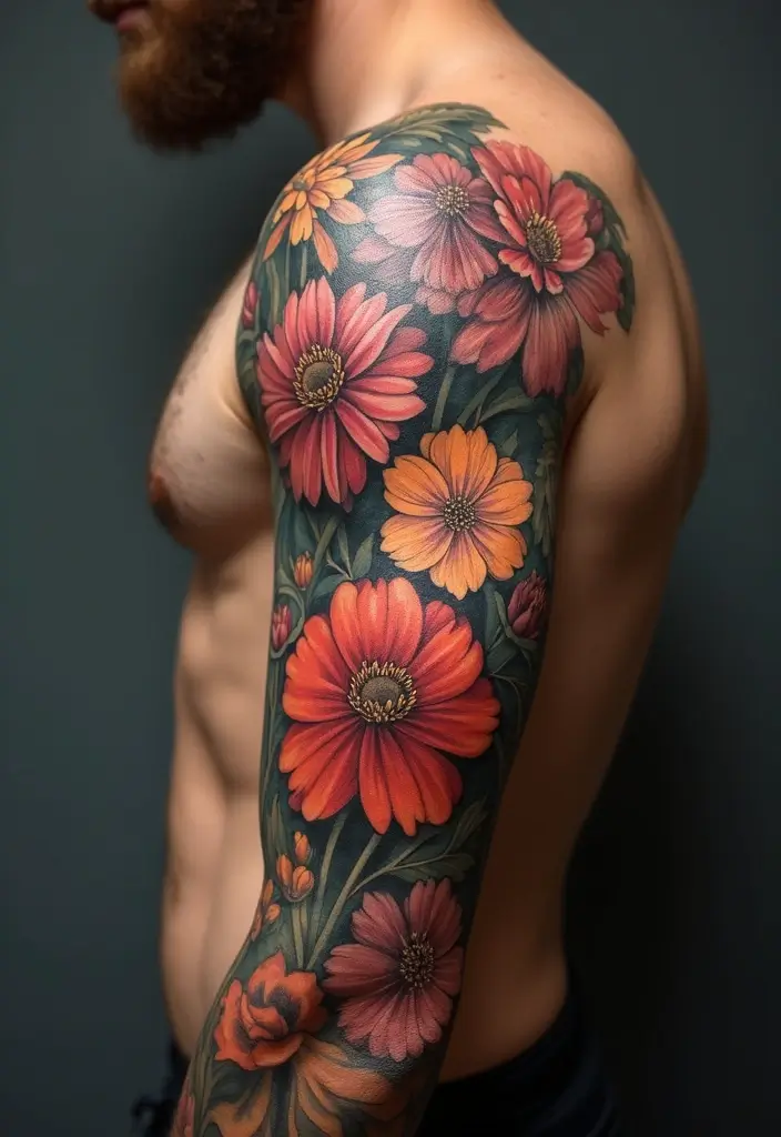 27 Floral Sleeve Tattoos for Men That Blend Strength and Beauty - 17. Blooming Bouquet