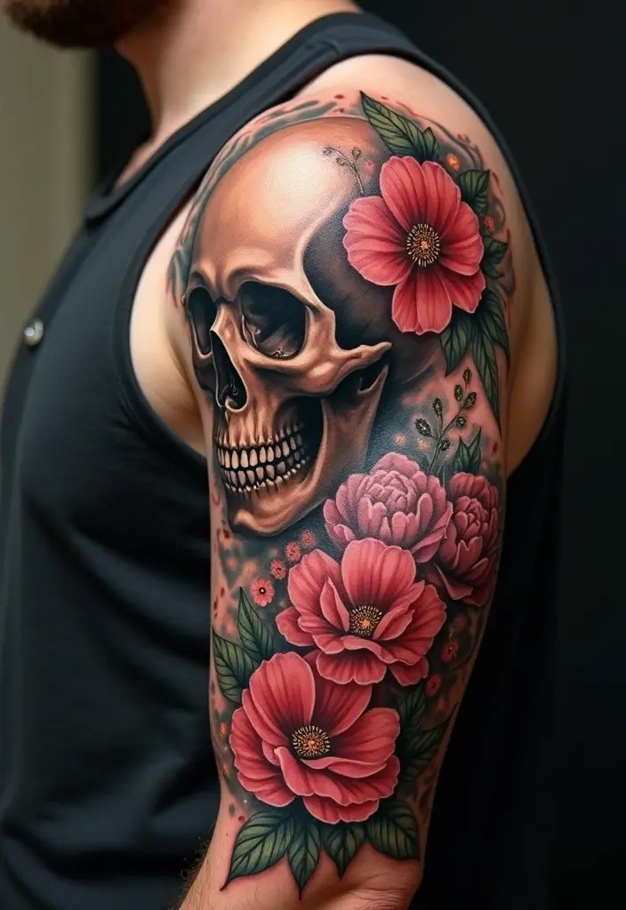 27 Floral Sleeve Tattoos for Men That Blend Strength and Beauty - 18. Floral Skull Combination