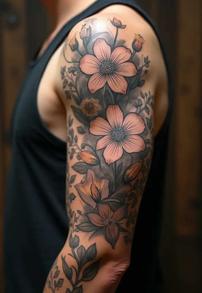 27 Floral Sleeve Tattoos for Men That Blend Strength and Beauty - 21. Vintage Botanical Illustration
