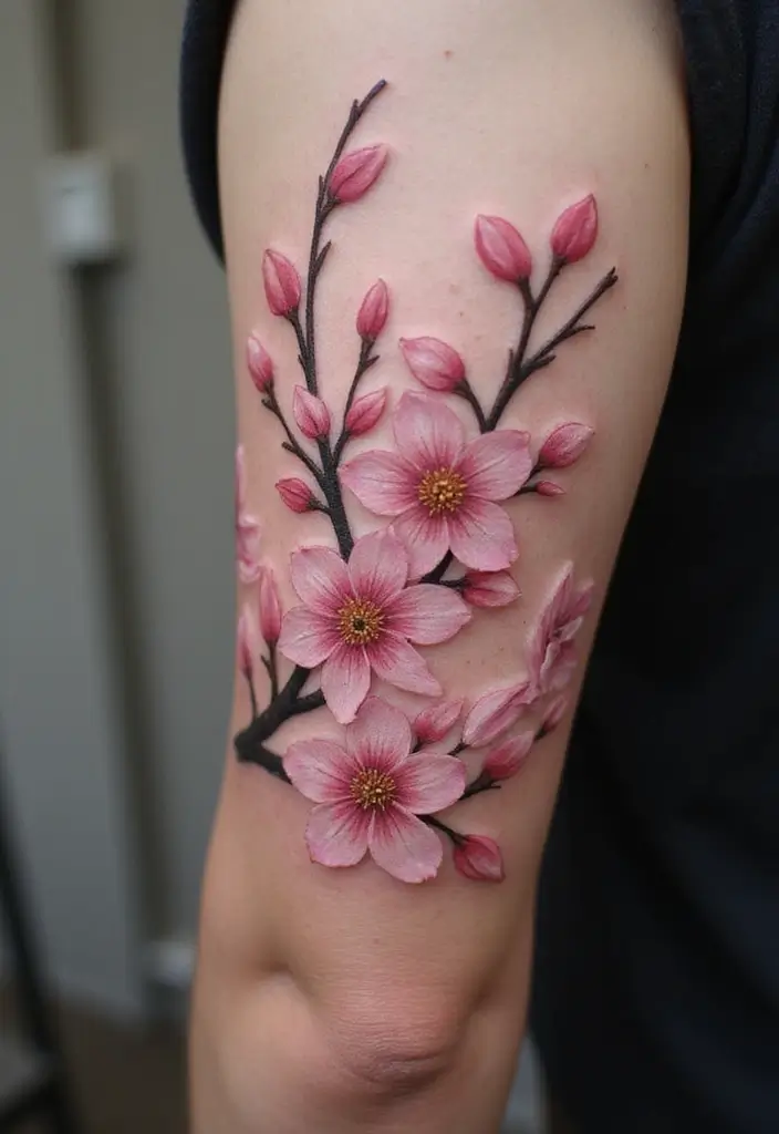 27 Floral Sleeve Tattoos for Men That Blend Strength and Beauty - 4. Cherry Blossom Elegance