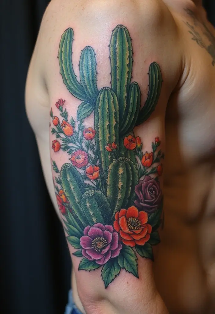 27 Floral Sleeve Tattoos for Men That Blend Strength and Beauty - 5. Cactus & Succulent Fusion