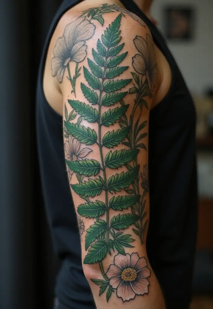 27 Floral Sleeve Tattoos for Men That Blend Strength and Beauty - 7. Ferns and Nature