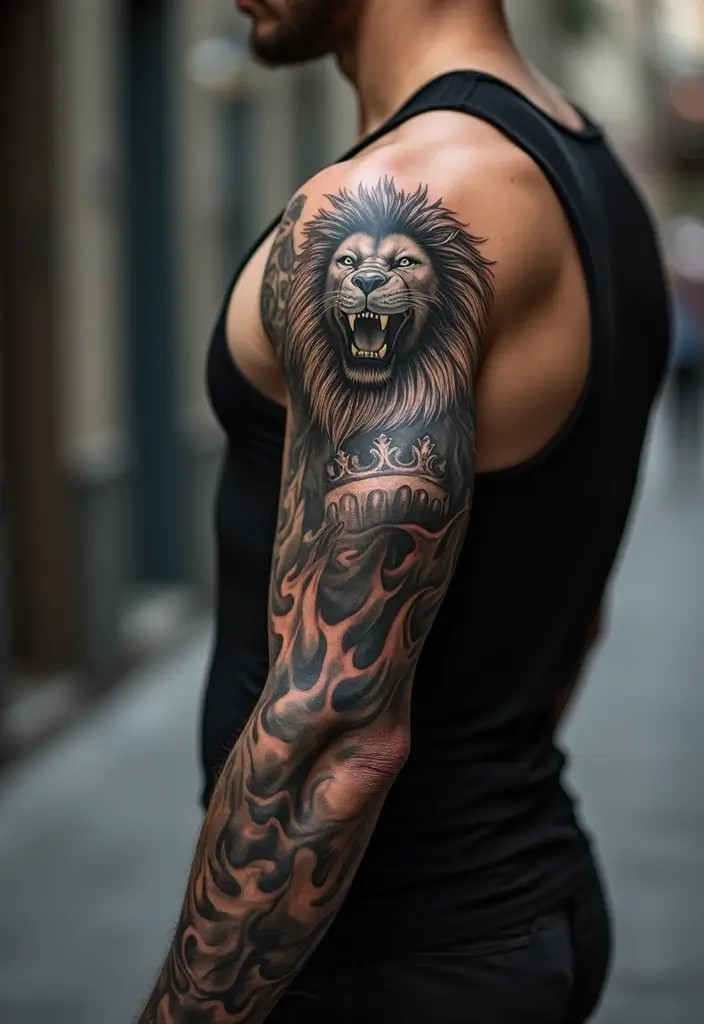 27 Lion Sleeve Tattoos for Men That Represent Courage and Pride - 1. Regal Roar: The Majestic Lion
