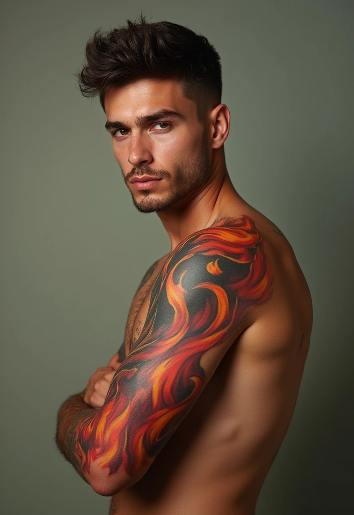 27 Masculine Arm Tattoos That Show Power and Confidence - 13. Fire and Flames