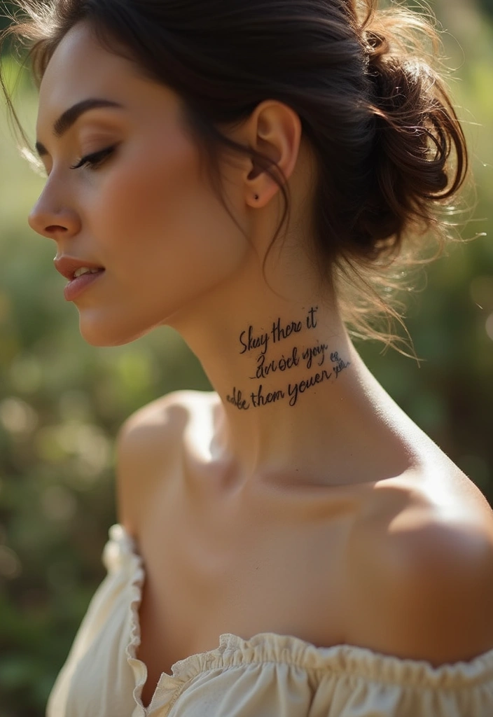 27 Neck Tattoos for Women That Look Bold and Classy - 12. Scripted Sentiments